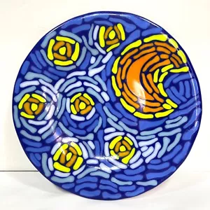 Fused Glass Art Starry Night Van Gogh Inspired Plate Serving Dish Tray Round - Picture 1 of 7