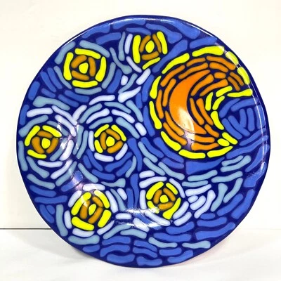 Fused Glass Art Starry Night Van Gogh Inspired Plate Serving Dish Tray Round - Image 1 of 4