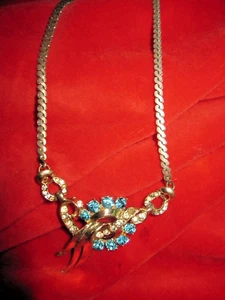 Vintage Turquoise Colored Stones with White Rhinestone Chain Choker Necklace - Picture 1 of 8