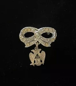 Vintage Masonic 32nd Degree Scottish Rite Double Eagle Rhinestone Bow Pin - Picture 1 of 5