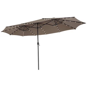Patio 15FT Twin Double-Sided Umbrella 48 Solar LED Lights Crank Outdoor Coffee - Picture 1 of 11