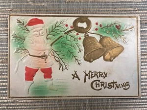A Merry Christmas Airbrush Santa Claus Gold Bells Holly Embossed Postcard - Picture 1 of 2