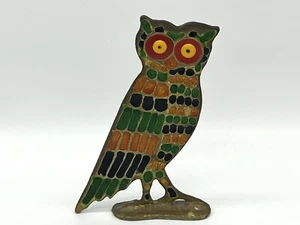 Vintage Two Sided Enamel and Brass Owl 4 7/8” Tall - Picture 1 of 9