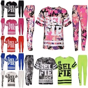 Girls Top Kids Designer's #Selfie Fashion T Shirt Top & Legging Set 7-13 Years - Picture 1 of 41