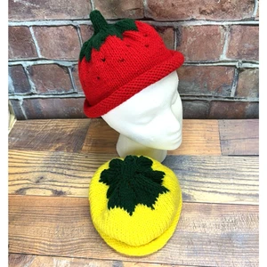 Set of 2 Handmade Crochet Child Girl's Bucket Hats Fruit Strawberry & Lemon - Picture 1 of 8