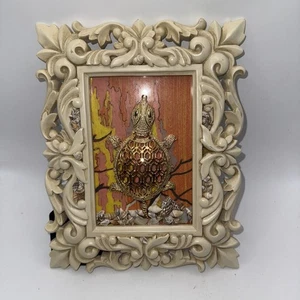 Ornate Golden Sea Tortoise & Seashell Framed Art Hand Made 7.5”Wx9.25”H - Picture 1 of 12
