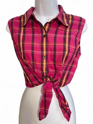 Y2K Pink Plaid Tie-Front Sleeveless Button Up –New York & Company Retro Crop Top - Image 1 of 4