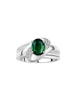 ANILLO CLÁSICO DE PIEDRAS PRECIOSAS RYLOS ZAFIRO VERDE Y DIAMANTES 9X7MM ORO BLANCO 14K TALLA 6 Foto 1 de 4