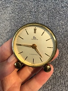 Vtg Swiss Looping Clock Travel Alarm BLUE ENAMEL Need Knobs GIL for PARTS REPAIR - Picture 1 of 10