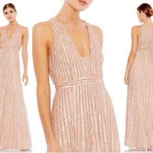 Mac Duggal Sequined Sleeveless Plunge Neck Flowy Gown Rose Gold Size 16 Formal - Picture 1 of 11