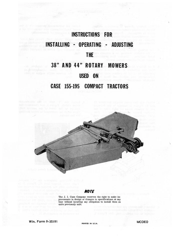 Tractors Instruction Manual Fits Case Rotary Mower for Case 155-195 Tractors - Image 1 of 4