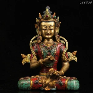 10.4"collection old antique Tibet Handmade Inlaid with gems Vajra Buddha statue - Picture 1 of 9