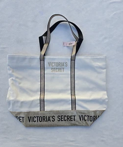 NEW Victoria’s Secret Canvas Large Tote Bag Metallic Gold Accent Glitter Glam - Picture 1 of 6