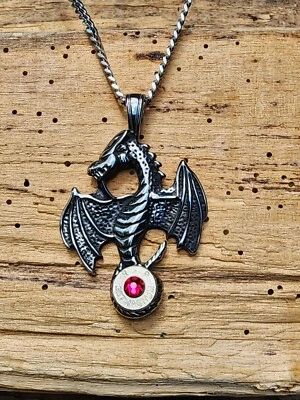 Stainless Steel Dragon Bullet Necklace. 357 Mag Bullet. Optional Crystal. - Image 1 of 4