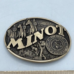 Vintage Minot North Dakota Solid Brass Belt Buckle Western Americana Rodeo - Picture 1 of 6