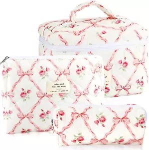 3Pcs Cotton Quilted Makeup Bag for Women Girls Large Small Travel Floral Cosmeti - Picture 1 of 7