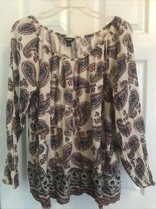 Chaps Blouse Beige Multi Paisley Scoop Neck Peasant Bohemian Tunic Top Cotton L - Picture 1 of 2