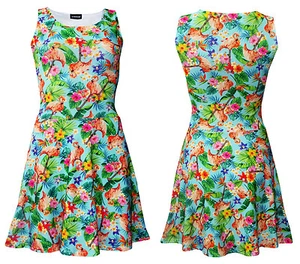 Abito Skater Rockabilly Vintage Con Fiori Tropicali E Fenicotteri - Foto 1 di 3