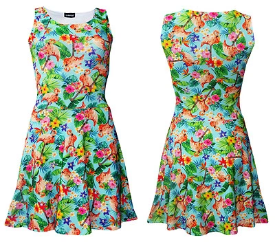 Abito Skater Rockabilly Vintage Con Fiori Tropicali E Fenicotteri - Immagine 1 di 3