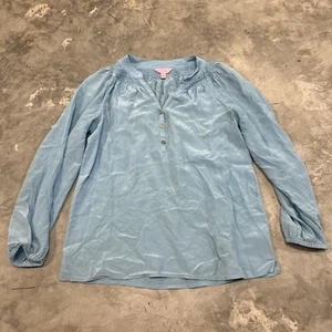 Lilly Pulitzer Elsa Silk Balloon Sleeve Top Aqua Blue Resort Vacation Small Flaw - Picture 1 of 7