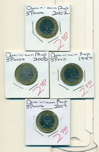 Show Inv - 4 AU-UNC BI-METAL 5 PESO COINS.DOMINICAN REPUBLIC.1997/2002/2008/2017 - Picture 1 of 2