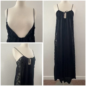 Lace Maxi Nightgown Slip Dress Baby Doll Lingerie Sheer Mesh Strappy Black Small - Picture 1 of 14