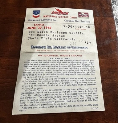 1948 Chevron бензоколонка нефтяной компании бумажная кредитная карта автомобиля - Изображение 1 из 3