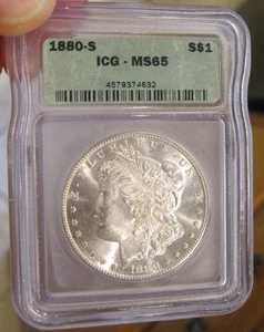 1880 S Morgan Silver Dollar BU Old ICG Holder MS 65, Super Frosty Luster 5027 - Picture 1 of 4