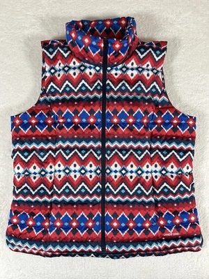 Chaleco acolchado Lands End rojo azul azteca estampado de diamantes cremallera completa 600 plumón para mujer L Foto 1 de 4
