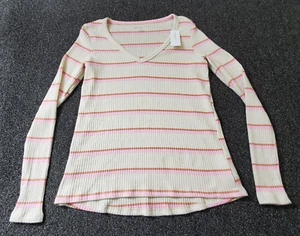 American Eagle V-Neck Sweater Women's XS Cream Pink Striped Ribbed NWT Soft - Picture 1 of 8