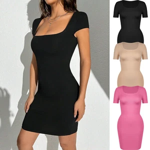 Women Sexy Bodycon Square Neck Mini Dress Short Sleeve Party Short Dresses - Picture 1 of 15