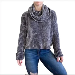Ci Sono Gray Oversized Chunky Turtleneck Chenille Cropped Sweater L - Picture 1 of 5