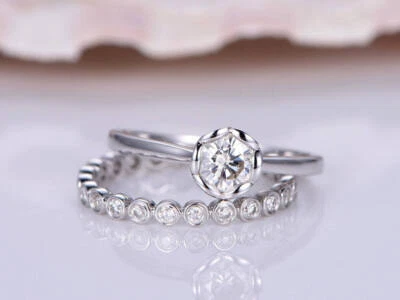 1 CT White Round Moissanite Solitaire Wedding Matching 14K White Gold Ring Set - Image 1 of 4
