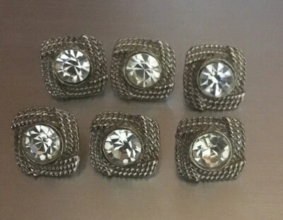 Set 6 Matching Clear Faceted Glass Crystal Rhinestone Silver Metal Buttons - Image 1 of 4