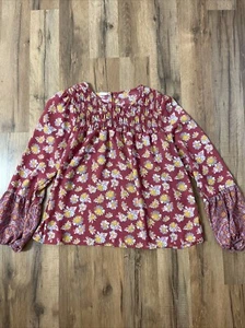 Girls Top Blouse Size Large Pink Yellow Floral Long Sleeves Puff Sleeve Pleated - Picture 1 of 14