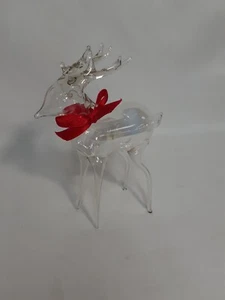 Vintage Glass Reindeer Ornament, Handblown Figurine, Hollow,  Red Bow 4.5" T - Picture 1 of 8