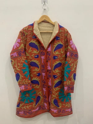 Pink Boho Suzani Long Fur Jacket For Women | Kashmiri Embroidered Suzani Coat - Image 1 of 4