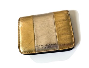 Pre Loved Marc Jacobs Leather Mini Wallet / Cards Gold Silver about 4” x 3”