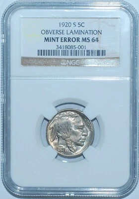 1920 S NGC MS64 Mint Error Obverse Lamination Buffalo Nickel - Image 1 of 3