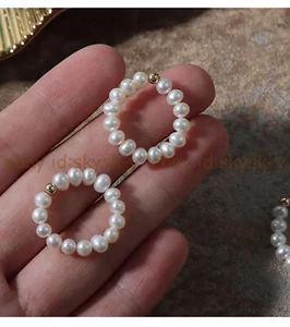 Natural Pearl 4-5mm White Pearl Beaded Adjustable Stretch Finger Rings - Picture 1 of 7