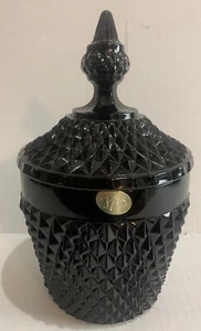 Vintage Indiana Tiara black glass Ice Bucket Candy Dish Diamond cut Orig Sticker - Picture 1 of 5