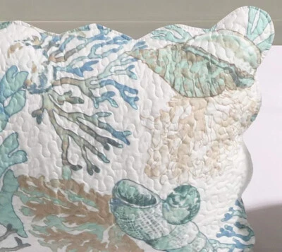 GREENLAND ATLANTIS JADE 2pc Twin QUILT SET : BEACH AQUA CORAL BLUE COASTAL SAND SEA SHELL