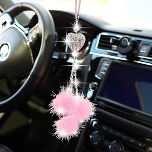 Bling Car Mirror Accessories for Women £¦ Men Bling Love Heart and Pink Plush Ba - Picture 1 of 12
