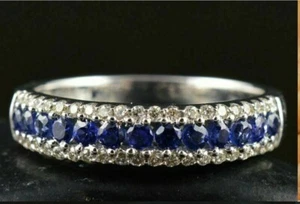 0.80Ct Blue Sapphire & White Round Stone Wedding Band Ring 925 Sterling Silver - Picture 1 of 4