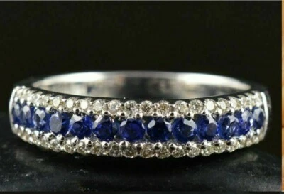 0.80Ct Blue Sapphire & White Round Stone Wedding Band Ring 925 Sterling Silver - Image 1 of 4