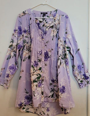 Top túnica Roaman para mujer Plus 24W púrpura floral botón delantero parte inferior alta-baja Foto 1 de 4