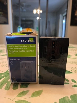 Leviton 50A, 250V, Surface Mount Power Outlet, Black, Open box, new. - Image 1 of 4