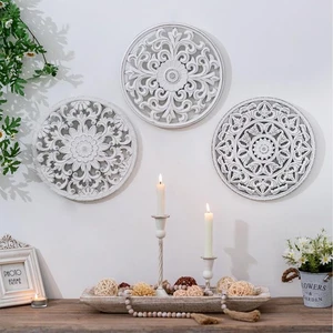 White Wall Decor Carved Medallion - Rustic Wood Wall Art Decorative Distresse... - Foto 1 di 7