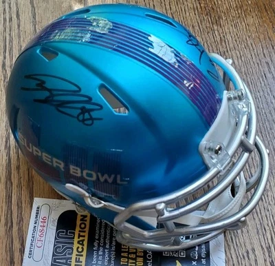 Minicasco DOBLE AUTOGRAFIADO Greg Olsen & Benjamin Watson SB LII firmado por la JSA de la NFL Foto 1 de 4