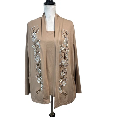 Jersey Bob Mackie 2 piezas Twinset talla grande marrón caqui elástico bordado floral Foto 1 de 4